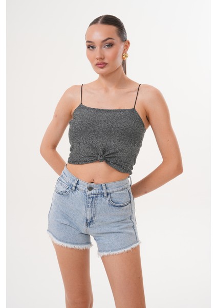 Kadın Kot Şort Yüksek Bel Püskül Detaylı