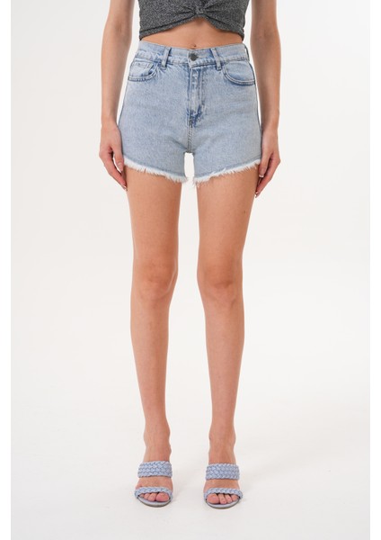 Kadın Kot Şort Yüksek Bel Püskül Detaylı