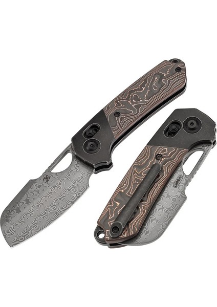 Nahual | Crossbar Kilit Bıçağı | Siyahı Titanyum ile Bakır Karbon Fiber Sap | Damascus Çelik Çakı | K2125V3