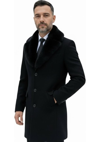 Erkek Uzun Kaşe Kaban – Çıkartılabilir Kürk Yaka, Astarlı ve Cepli Slim Fit Mont (Bej, Gri, Siyah, Taba)