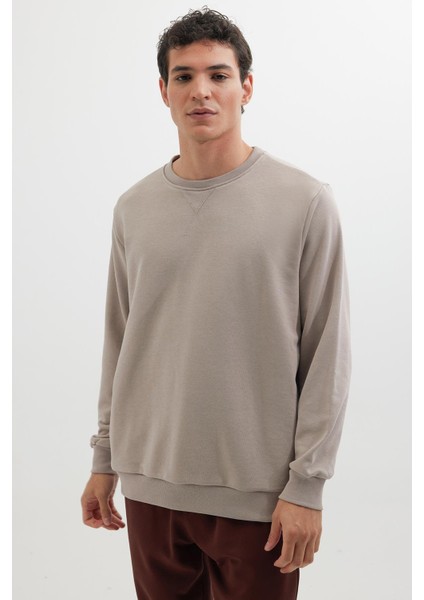 Unisex Relax Fit Rahat Kesim %100 Pamuk Basic Bej Bisiklet Yaka Sweatshirt fırsatları