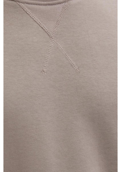 Unisex Relax Fit Rahat Kesim %100 Pamuk Basic Bej Bisiklet Yaka Sweatshirt