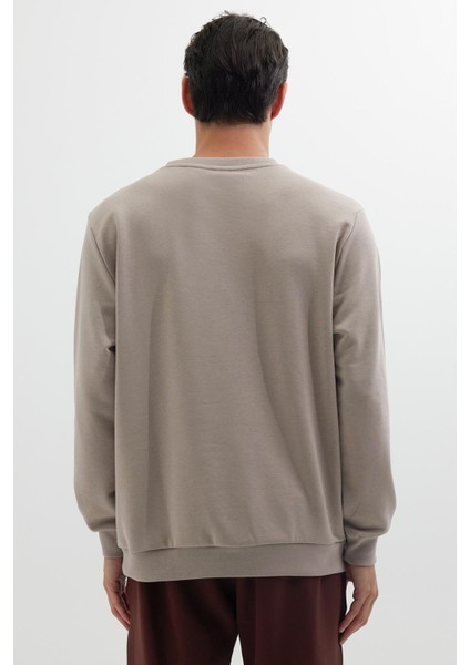 Unisex Relax Fit Rahat Kesim %100 Pamuk Basic Bej Bisiklet Yaka Sweatshirt