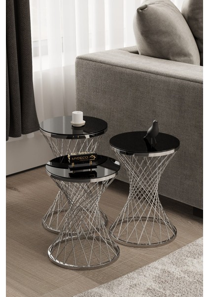 Pota Zigon Sehpa Gümüş Kaplama Siyah Ayna