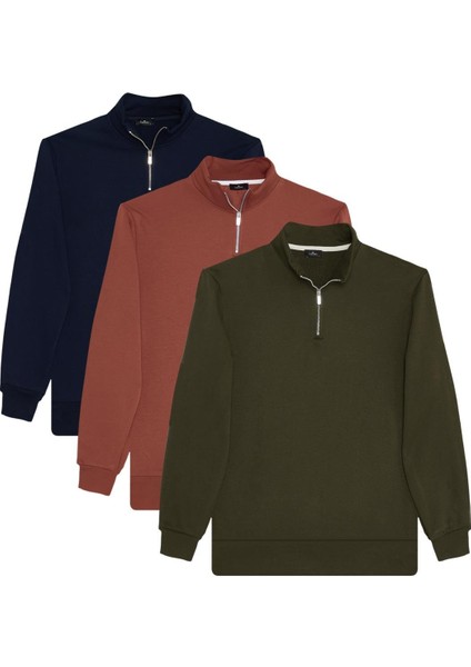 Unisex 3'lü Paket Lacivert-Kahverengi-Yeşil Relax Fit Pamuklu Yarım Fermuarlı Dik Yaka Sweatshirt