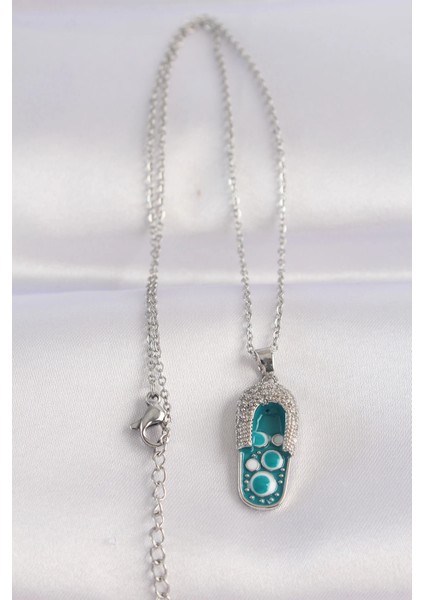 Bfs 316L Çelik Zincir Zirkon Taşlı Gümüş Renk Nazarlı Terlik Tasarımlı Kolye fiyatları