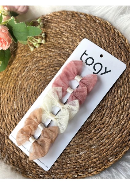 Pembe,ekru ve Kahverengi Tül Kız Çocuk Bebek Toka Seti