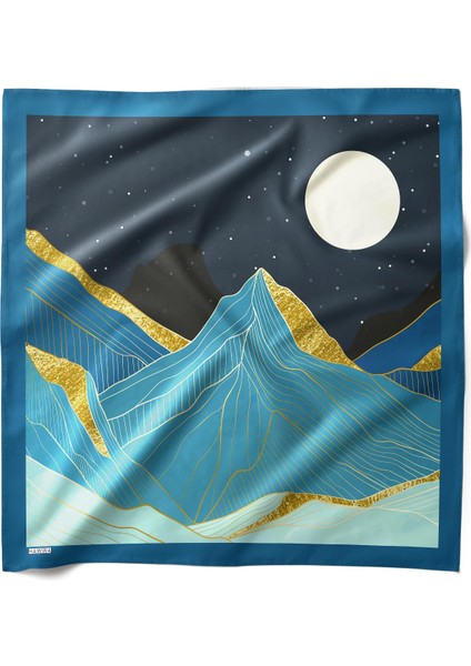 Altın Detaylı Gece Manzara Desenli Bandana Fular