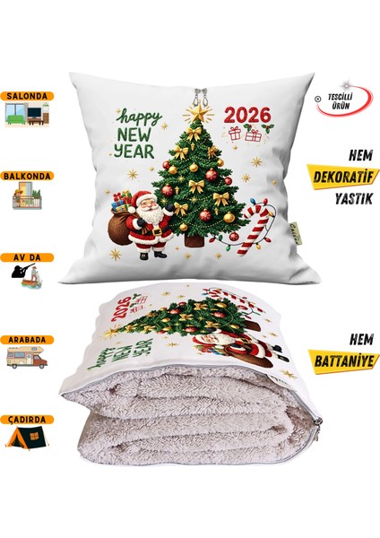 Happy New Year Nakışlı Punch Efekt Baskılı Tv Battaniyesi Olabilen Dekoratif Yastık Battaniye