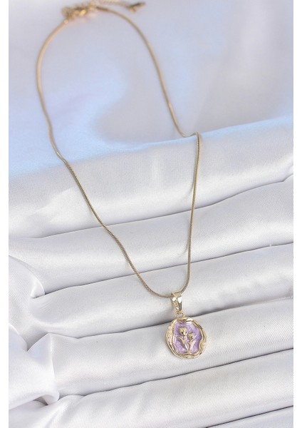 Bfs 316L Çelik Gold Renk Zincir Mor Mineli Çiçek Işlemeli Portre Model Kadın Kolye fiyatları