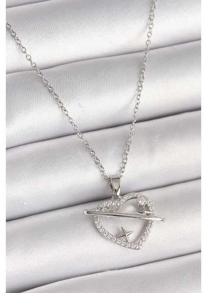 Bfs 316L Çelik Gümüş Renk Zincir Zirkon Taşlı Kalp Model Yıldız Detay Kadın Kolye