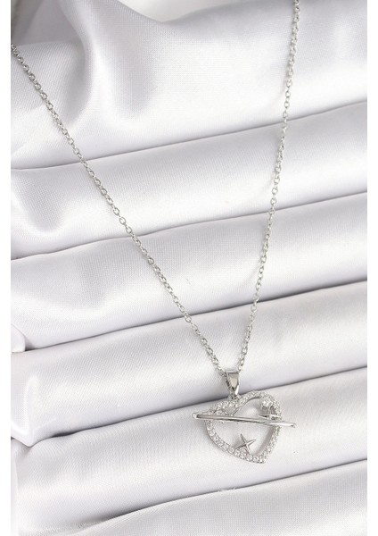 Bfs 316L Çelik Gümüş Renk Zincir Zirkon Taşlı Kalp Model Yıldız Detay Kadın Kolye fiyatları