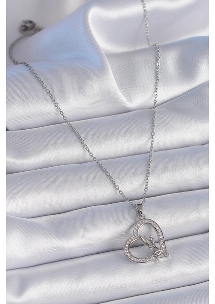 Bfs 316L Çelik Zincir Gümüş Renk Zirkon Taşlı Kalp Model Melek Detay Kadın Kolye fiyatları