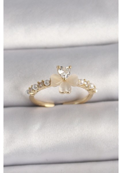 Bfs Pirinç Gümüş Renk Zirkon Taşlı Beyaz Mineli Yonca Model Inci Detay Ayarlanabilir Yüzük