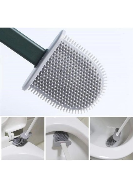 Duvara Monte Edilebilir Kapaklı Askılı Klozet Yumuşak Silikon Başlıklı Tuvalet Fırçası Seti