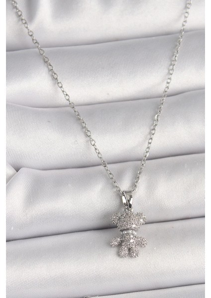 Bfs 316L Çelik Gümüş Renk Zincir Zirkon Taşlı Ayıcık Figür Kadın Kolye