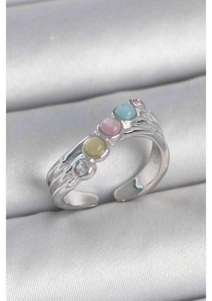 Bfs Pirinç Gümüş Renk Zirkon Taş Detaylı Renkli Mineli Ayarlanabilir Kadın Yüzük