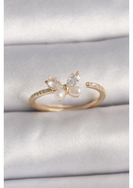 Bfs Pirinç Gold Renk Zirkon Taşlı Kelebek Mode Inci Detay Ayarlanabilir Yüzük