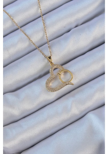 Bfs 316L Çelik Zincir Altın Renk Zirkon Taşlı Yüzüklü Kalp Kolye