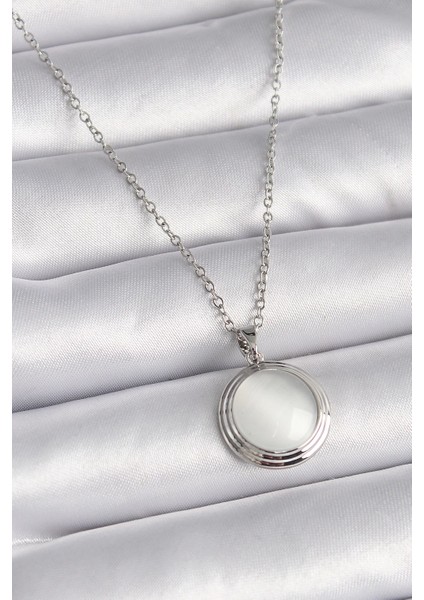 Bfs 316L Çelik Gümüş Renk Beyaz Sedefli Daire Model Kadın Kolye
