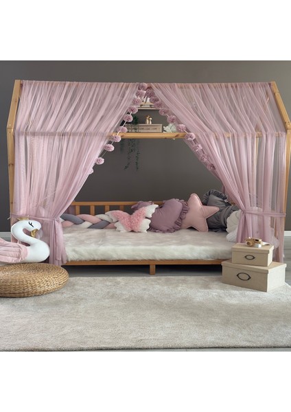 Pastel Pembe Çift Perdeli Montessori Yatak Cibinliği