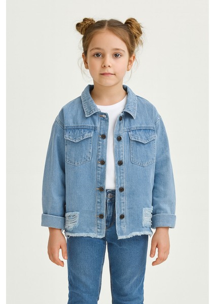 Kız Çocuk Yırtıklı Sırt Kelebek Nakışlı 7 - 12 Yaş Trend Kot Ceket - 2099