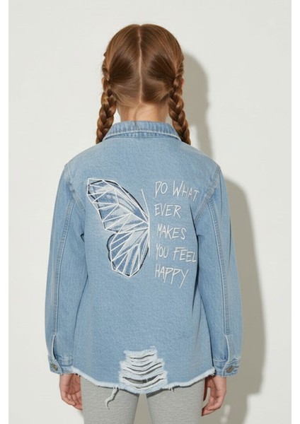 Kız Çocuk Yırtıklı Sırt Kelebek Nakışlı 7 - 12 Yaş Trend Kot Ceket - 2099 fiyatları