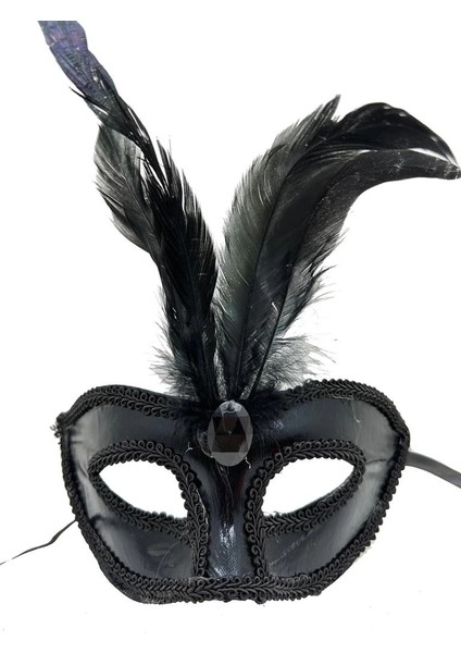 Bfs Siyah Renk Rugan Kaplama Kırmızı Tüylü Parti Maskesi 18X20 cm