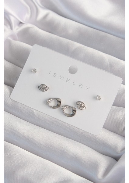 Bfs Pirinç Gümüş Renk Zirkon Taşlı Yaprak Model Küpe Seti