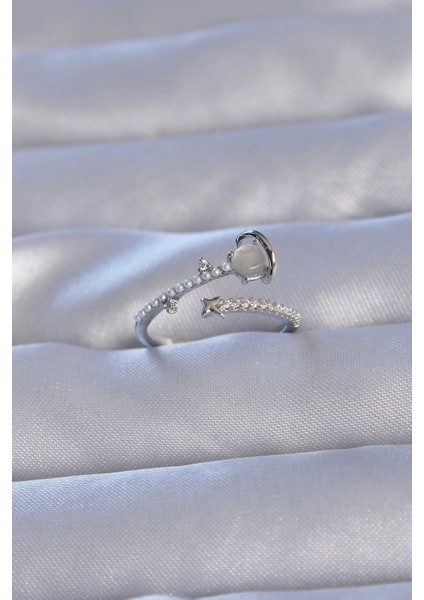 Bfs Pirinç Gümüş Renk Zirkon Taşlı Incili Satürn Model Ayarlanabilir Yüzük