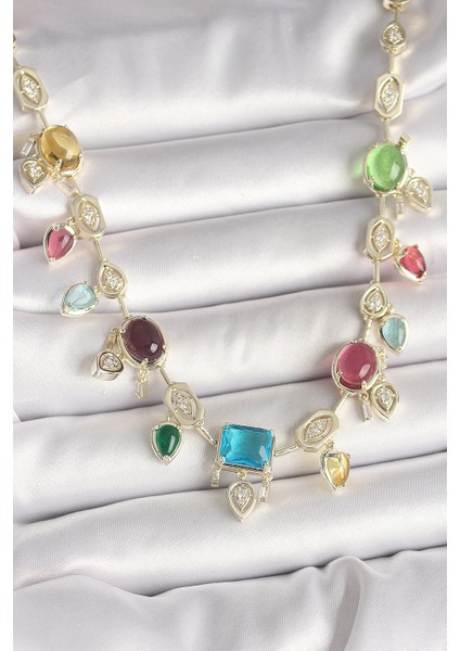 Bfs Pirinç Gold Renk Renli Zirkon Taşlı Vıp Seri Kadın Kolye