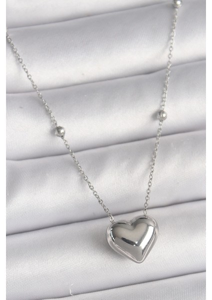 Bfs 316L Çelik Gümüş Renk Topçuk Detay Zincir Kalp Model Kadın Kolye