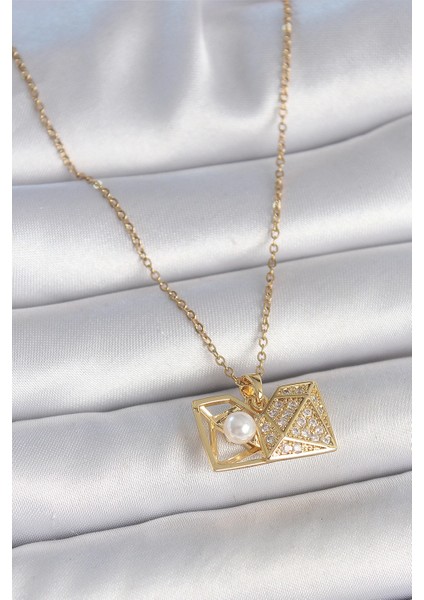 Bfs 316L Çelik Gold Renk Zincir Zirkon Taşlı Açılır Incili Elmas Model Kadın Kolye