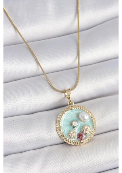 Bfs 316L Çelik Gold Renk Zincir Mavi Mineli Inci Çiçek Işlemeli Zirkon Taş Detaylı Madalyon Model Kadın Kolye