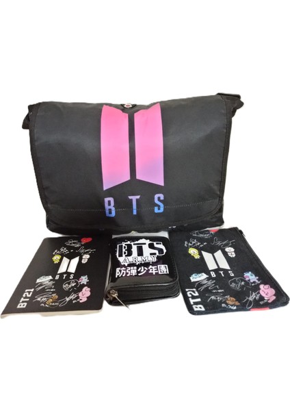 Yılbaşı Özel Hediye Seti Bts Baskılı Postacı Çantası, Defter, Cüzdan, Bez Kalemlik