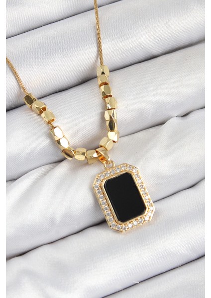 Bfs 316L Çelik Zirkon Taşlı Siyah Baget Model Gold Renk Kadın Kolye