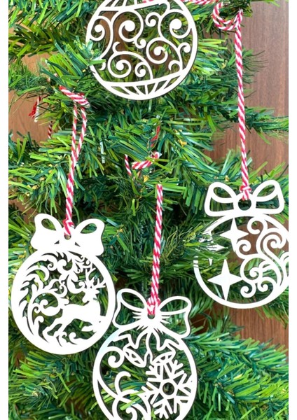 10 Parça Kırmızı Beyaz Ipli Fiyonk Model Ahşap Yılbaşı Ağaç Süsü