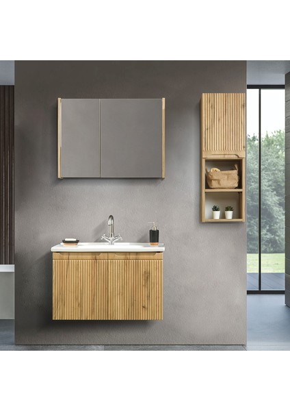 Verona 80 cm Ahşap Desenli %100 Mdf Lavabolu Banyo Dolabı, Aynalı Üst Dolap ve Boy Dolabı