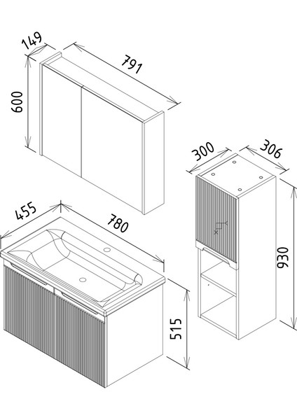 Verona 80 cm Ahşap Desenli %100 Mdf Lavabolu Banyo Dolabı, Aynalı Üst Dolap ve Boy Dolabı fiyatları
