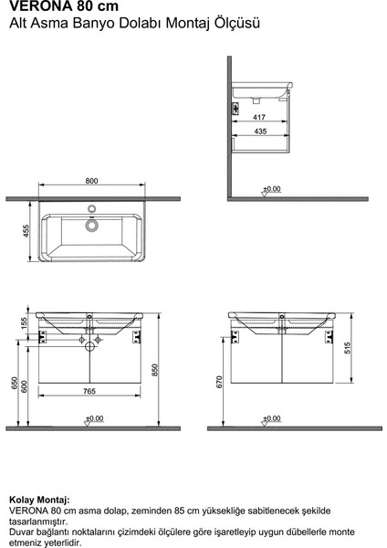 Verona 80 cm Ahşap Desenli %100 Mdf Lavabolu Banyo Dolabı, Aynalı Üst Dolap ve Boy Dolabı modelleri