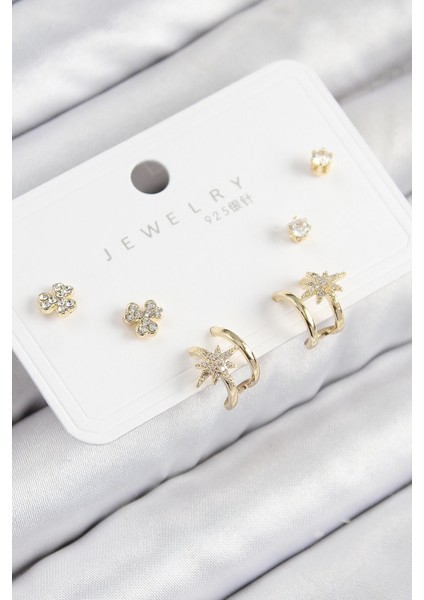 Bfs Pirinç Zirkon Taşlı Kutup Yıldızı Model Gold Renk 925 Ayar Gümüş Çivi Kadın Küpe Set