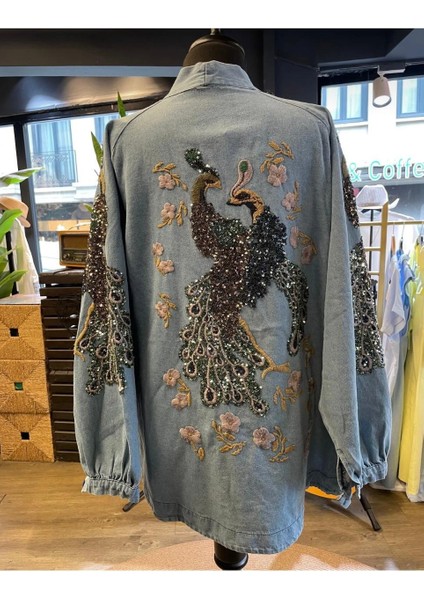 Kadın Kuşlu Taş Işlemeli Nakışlı Uzun Kollu Pamuk Kimono