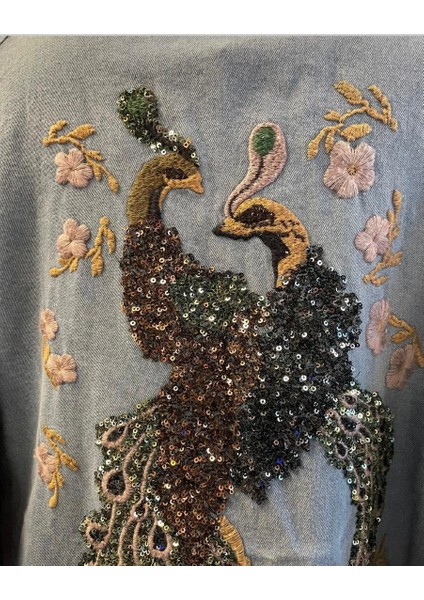 Kadın Kuşlu Taş Işlemeli Nakışlı Uzun Kollu Pamuk Kimono fırsatları