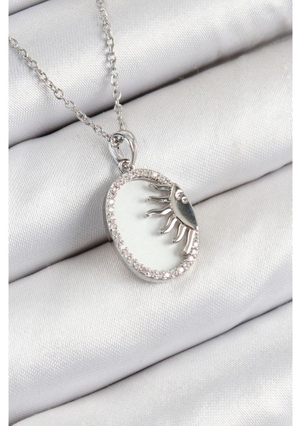 Bfs 316L Çelik Zirkon Taşlı Yarım Güneş Model Gümüş Renk Kadın Kolye