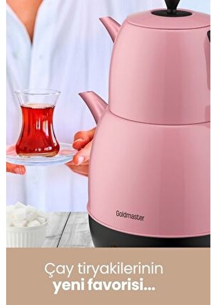 Pembe Çay Makinesi ve Su Isıtıcısı 2 Litre Kapasite Paslanmaz Çelik ve Plastik Malzemeden