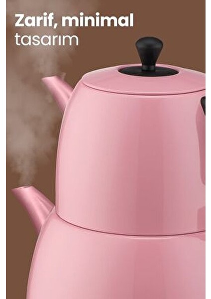 Pembe Çay Makinesi ve Su Isıtıcısı 2 Litre Kapasite Paslanmaz Çelik ve Plastik Malzemeden