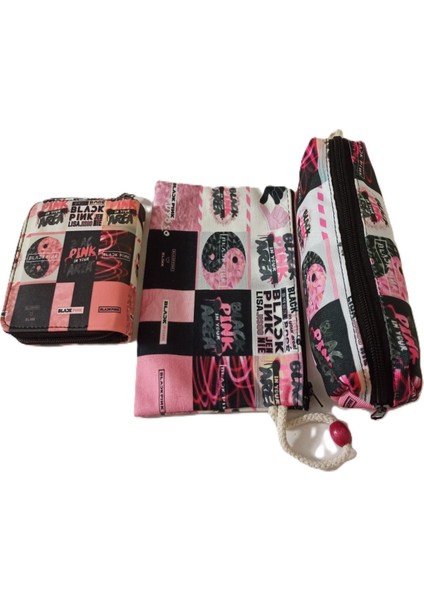 Yılbaşı Özel Hediye Seti Black Pink Cüzdan, Kalemlik, Bez Cüzdan