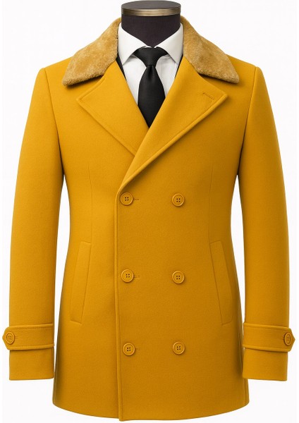Erkek Kürklü Yaka Kaşe Kaban – Slim Fit Çift Düğmeli Kışlık Mont