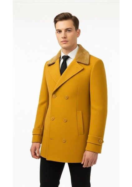 Erkek Kürklü Yaka Kaşe Kaban – Slim Fit Çift Düğmeli Kışlık Mont fiyatları