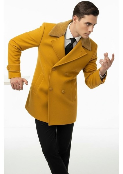 Erkek Kürklü Yaka Kaşe Kaban – Slim Fit Çift Düğmeli Kışlık Mont indirimleri